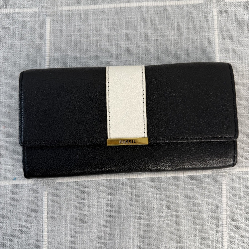 Fossil Leather Farrah FLP Wallet Black White Leather‎ Soft RFID Colorblock